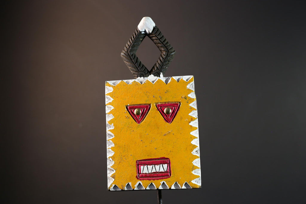 African wall sculpture, Bobo sun mask from Burkina Faso, square tribal carving, spirit face decor, geometric wood mask wall art-G5389