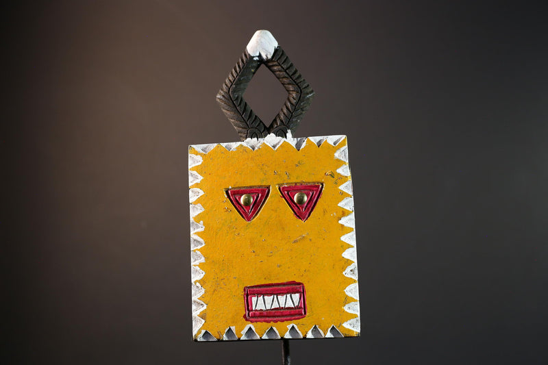 African wall sculpture, Bobo sun mask from Burkina Faso, square tribal carving, spirit face decor, geometric wood mask wall art-G5389