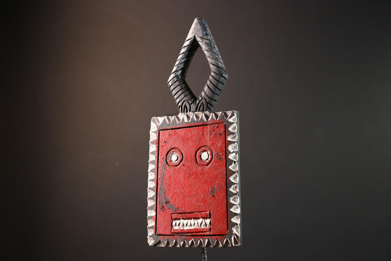 African wall mask, Bobo sun face from Burkina Faso, red tribal wood carving, ancestral spirit panel, geometric ritual home sculpture-G5390
