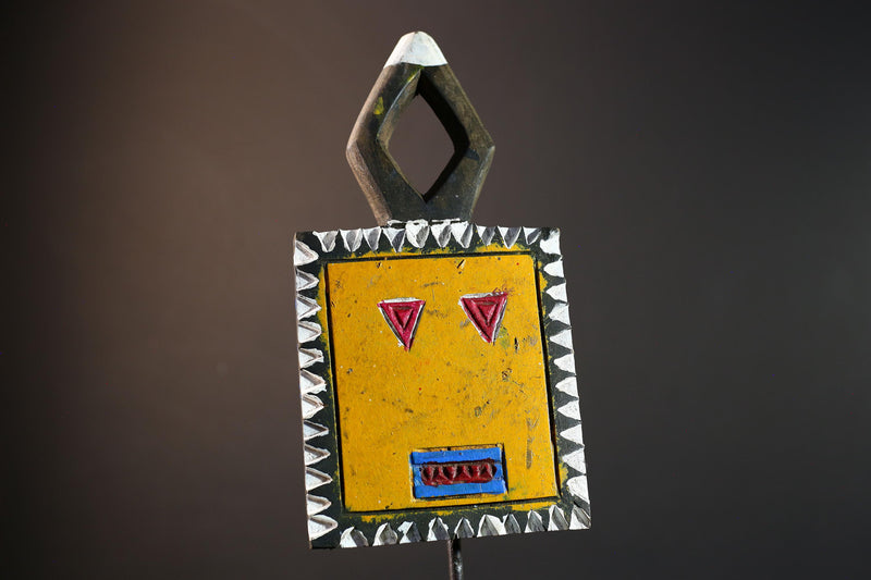 African sun mask, Bobo yellow face carving from Burkina Faso, tribal spirit wall decor, geometric panel mask, ritual wood sculpture-G5391