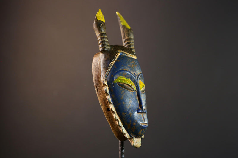 African wall mask, Baule horned face from Côte d’Ivoire, tribal blue sculpture, handmade wood carving, cultural home wall decor-G5393