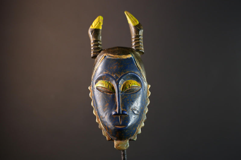 African wall mask, Baule horned face from Côte d’Ivoire, tribal blue sculpture, handmade wood carving, cultural home wall decor-G5393