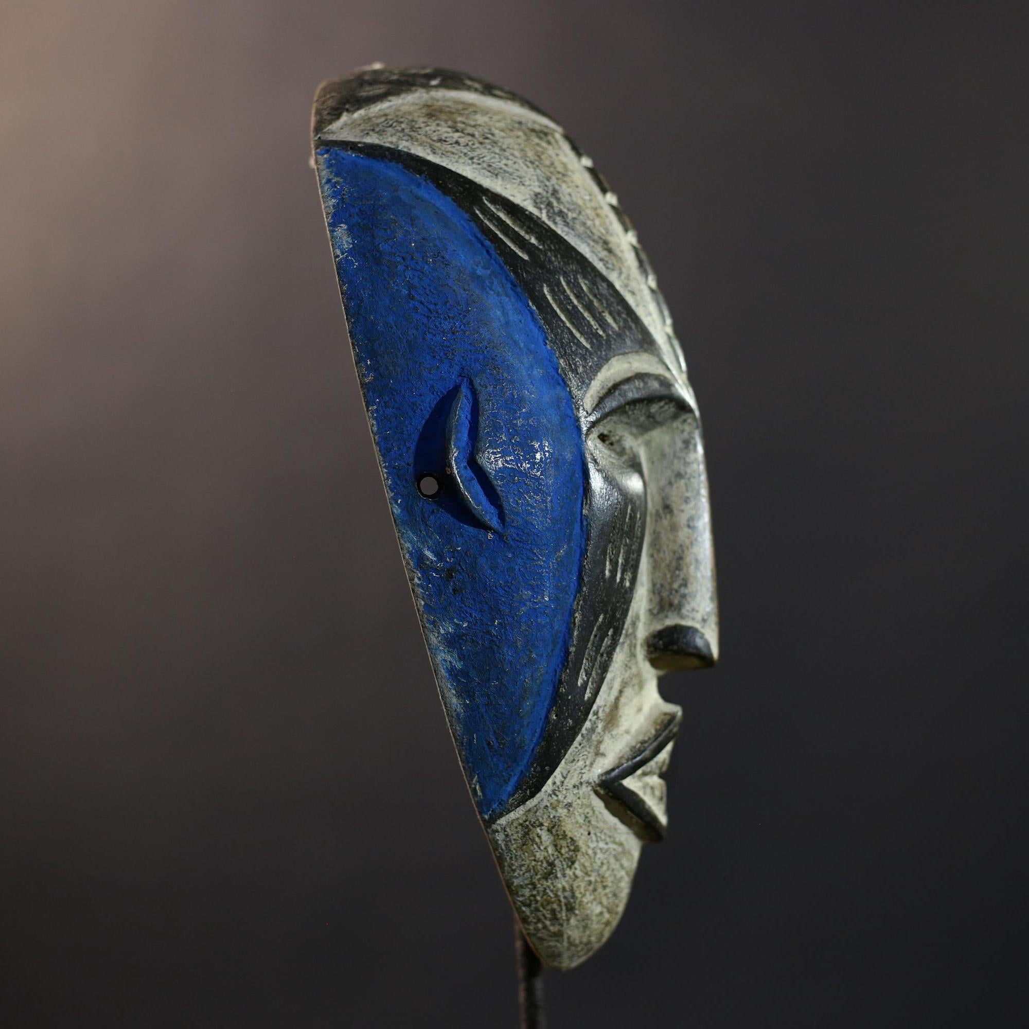 African Mask | Pende Split-Face Blue & Red | DR Congo Tribal Wall Decor | Hand-Carved Wood | Vintage African Art-G5319