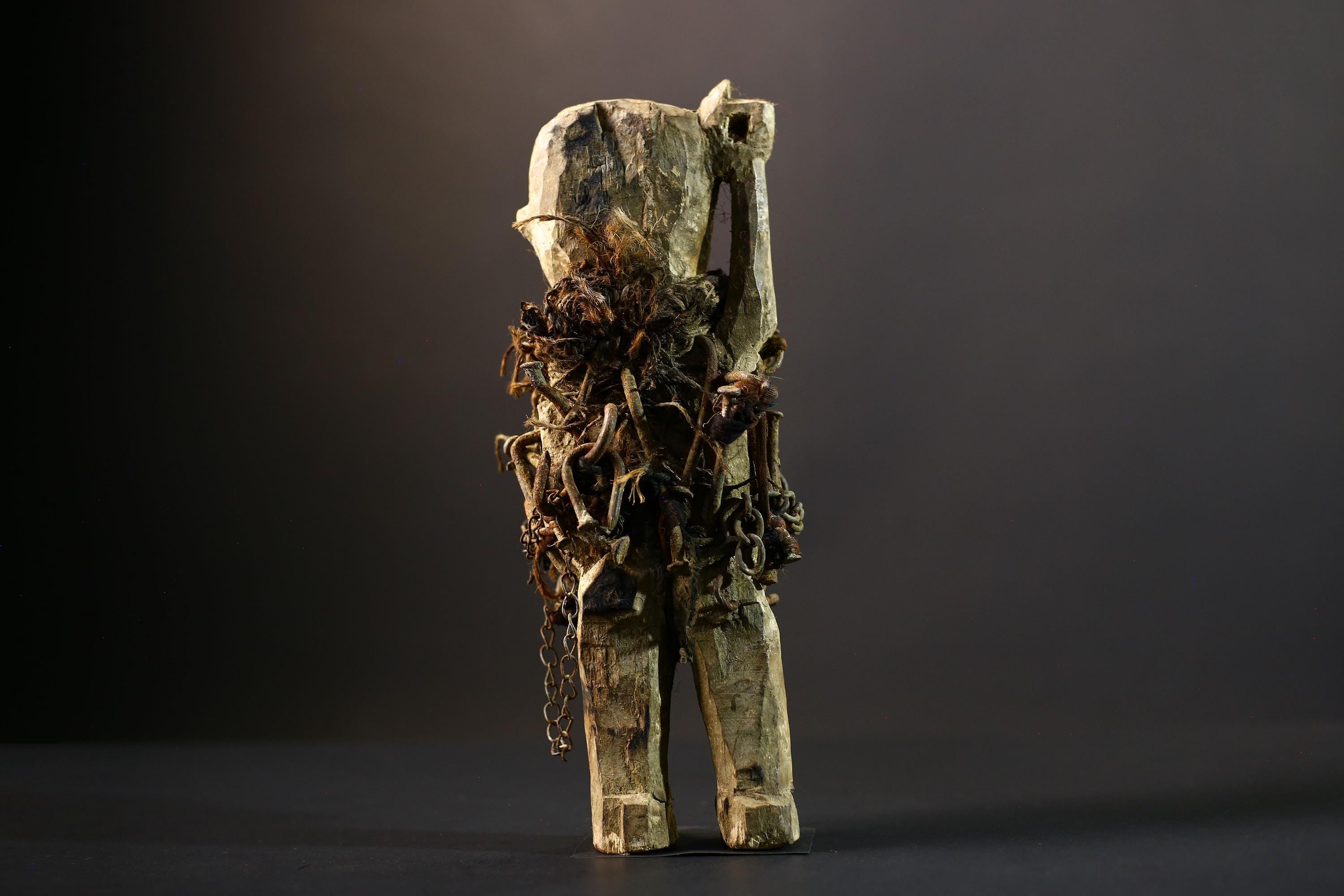 African Power Figure | Songye Nkisi Chains | DR Congo Tribal Sculpture | Hand‑Carved Wood Fetish | Vintage African Decor-G5317