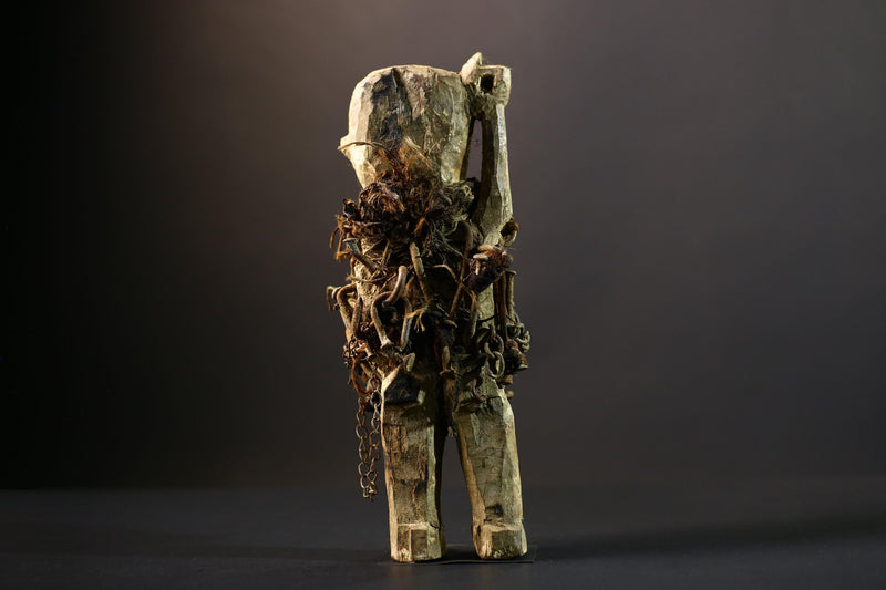 African Power Figure | Songye Nkisi Chains | DR Congo Tribal Sculpture | Hand‑Carved Wood Fetish | Vintage African Decor-G5317