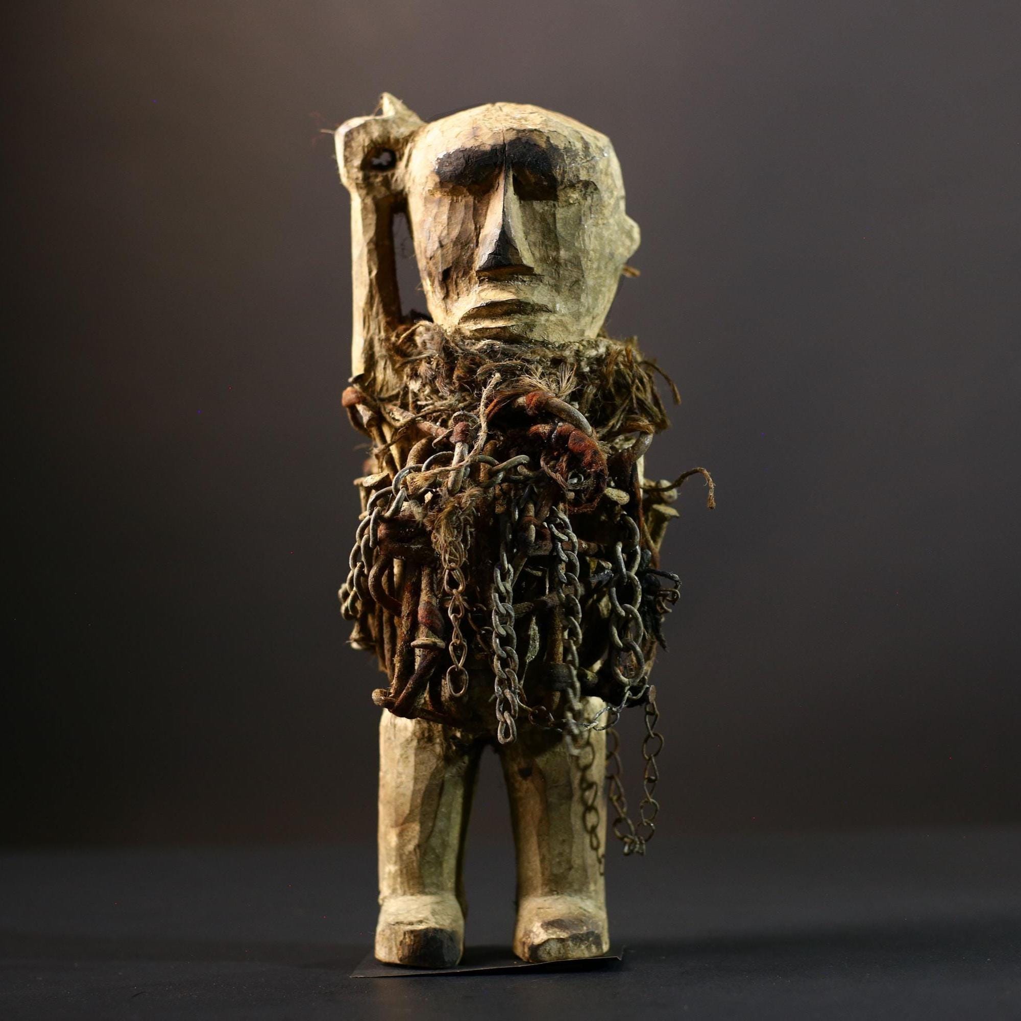 African Power Figure | Songye Nkisi Chains | DR Congo Tribal Sculpture | Hand‑Carved Wood Fetish | Vintage African Decor-G5317