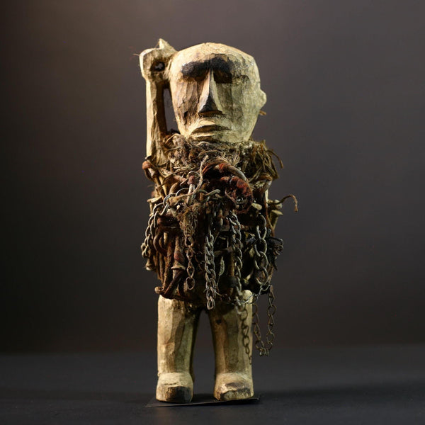 African Power Figure | Songye Nkisi Chains | DR Congo Tribal Sculpture | Hand‑Carved Wood Fetish | Vintage African Decor-G5317