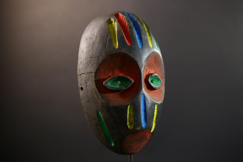 African Festival Mask, Akan Hand-Carved Wood Wall Decor, Ghana Tribal Art, Vibrant Multicolor Stripes, Vintage African Sculpture-G5315
