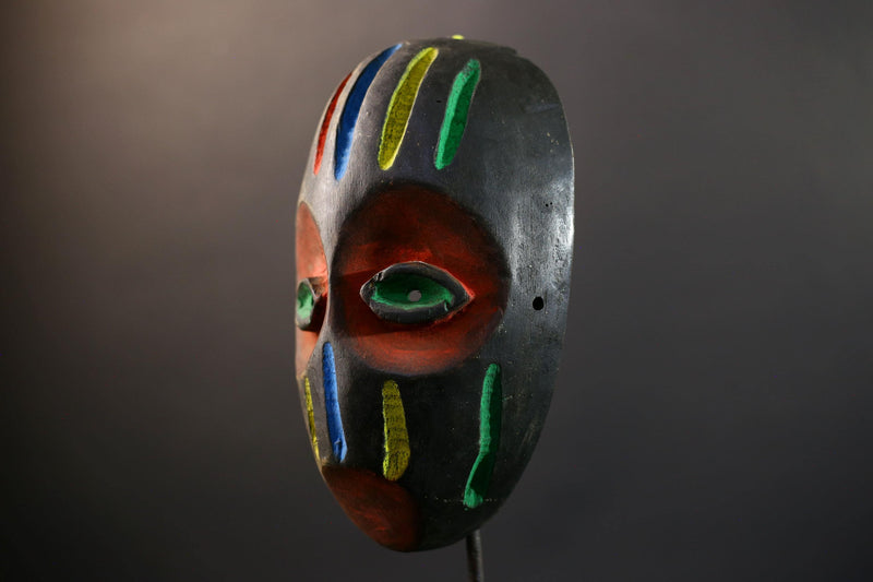 African Festival Mask, Akan Hand-Carved Wood Wall Decor, Ghana Tribal Art, Vibrant Multicolor Stripes, Vintage African Sculpture-G5315