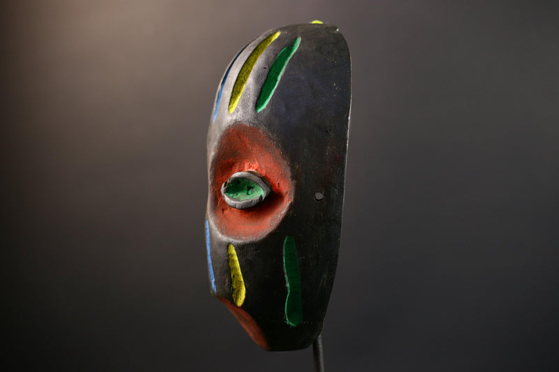 African Festival Mask, Akan Hand-Carved Wood Wall Decor, Ghana Tribal Art, Vibrant Multicolor Stripes, Vintage African Sculpture-G5315