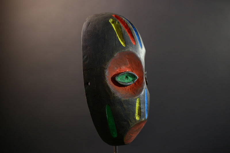 African Festival Mask, Akan Hand-Carved Wood Wall Decor, Ghana Tribal Art, Vibrant Multicolor Stripes, Vintage African Sculpture-G5315