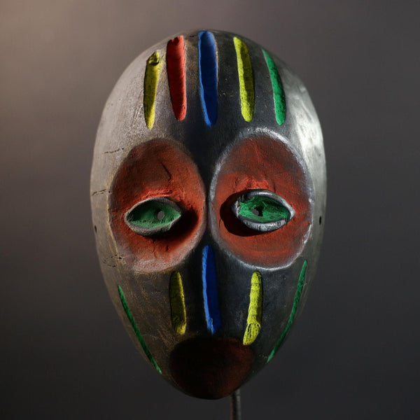 African Festival Mask, Akan Hand-Carved Wood Wall Decor, Ghana Tribal Art, Vibrant Multicolor Stripes, Vintage African Sculpture-G5315