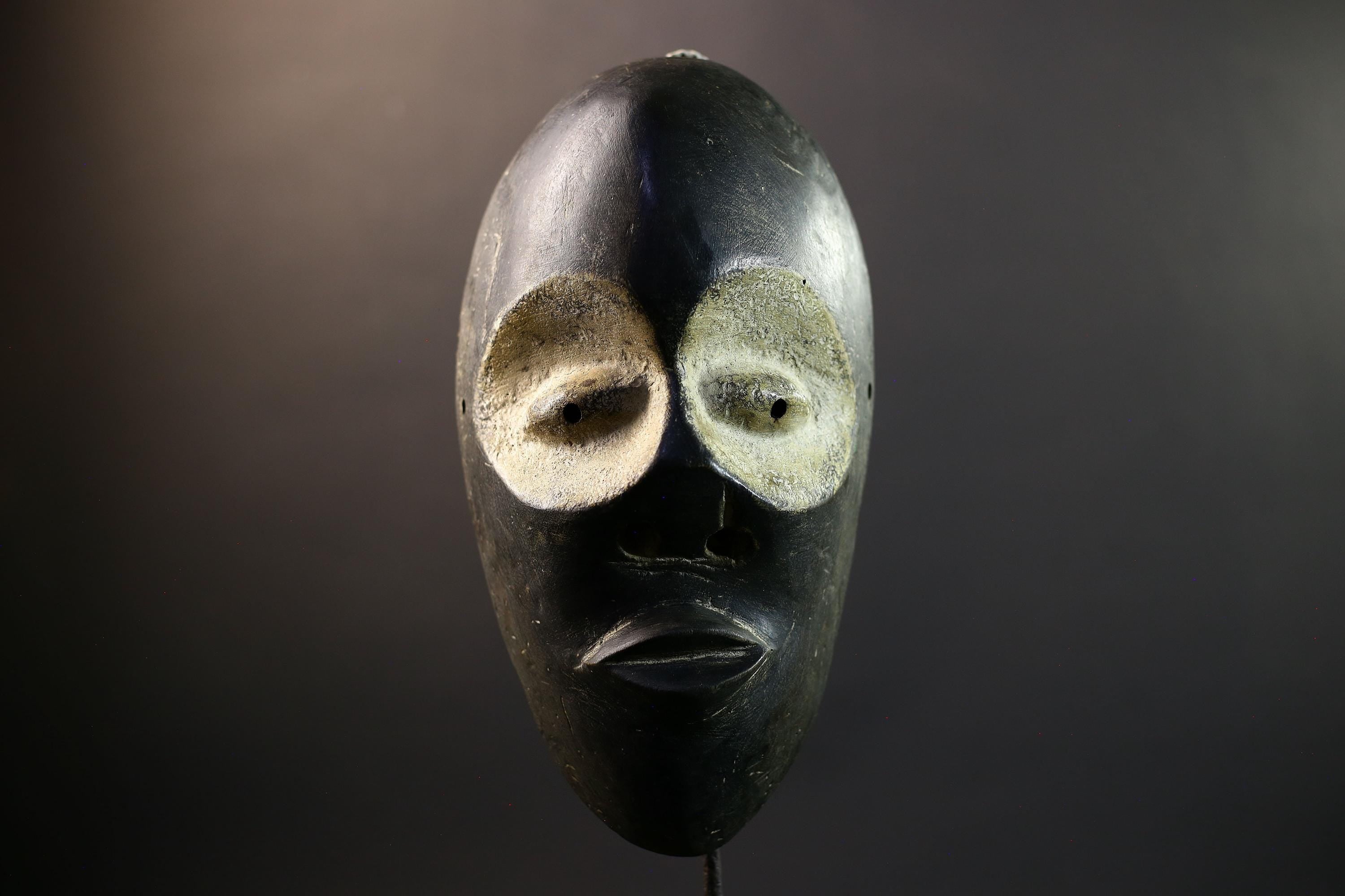 Africa Spirit Mask, Ogoni Hand-Carved Wood Wall Decor, Nigeria Tribal Art, Black Mask with White Kaolin Eyes, Vintage Africa Sculpture-G5314