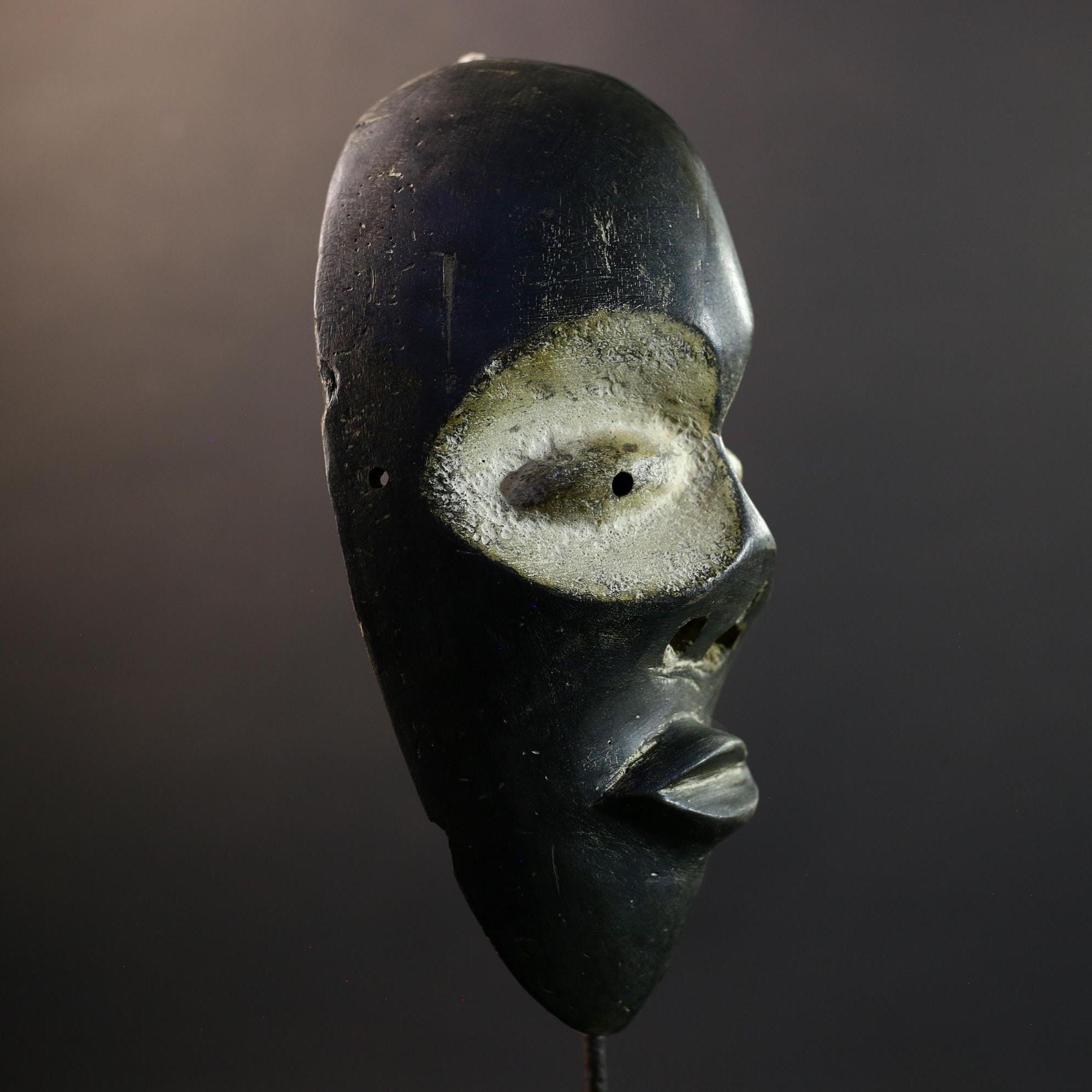 Africa Spirit Mask, Ogoni Hand-Carved Wood Wall Decor, Nigeria Tribal Art, Black Mask with White Kaolin Eyes, Vintage Africa Sculpture-G5314