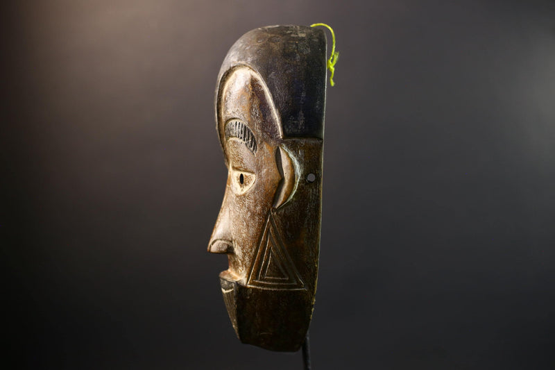 African Cihongo Mask Chokwe Tribe, Brown Wood Wall Decor, Grid Scarification Art, Vintage Angola DR Congo Sculpture-G5311