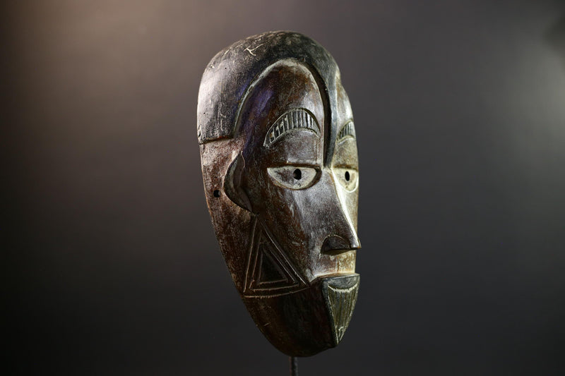 African Cihongo Mask Chokwe Tribe, Brown Wood Wall Decor, Grid Scarification Art, Vintage Angola DR Congo Sculpture-G5311
