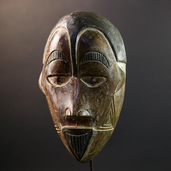 African Cihongo Mask Chokwe Tribe, Brown Wood Wall Decor, Grid Scarification Art, Vintage Angola DR Congo Sculpture-G5311