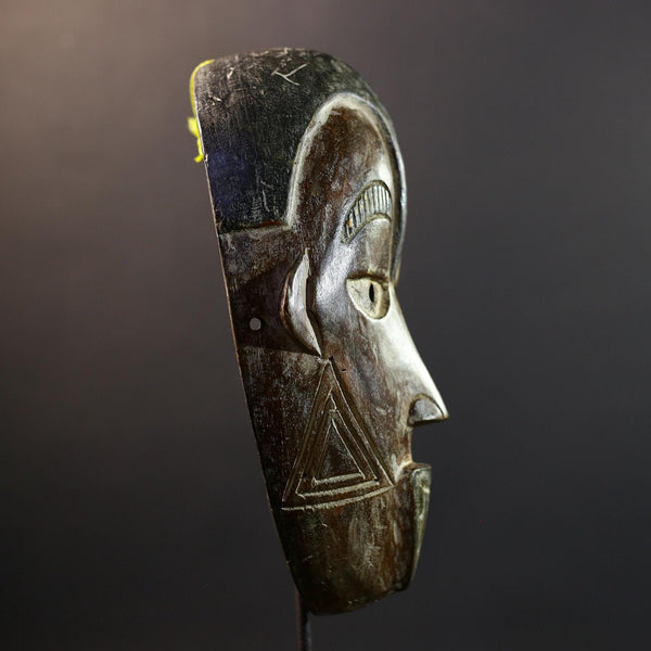 African Cihongo Mask Chokwe Tribe, Brown Wood Wall Decor, Grid Scarification Art, Vintage Angola DR Congo Sculpture-G5311
