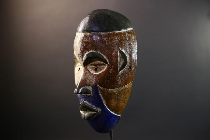 African Pende Mask, Split-Color Blue Chin Wood Wall Decor, DR Congo Tribal Art, Vintage Kaolin Patina Sculpture-G5310