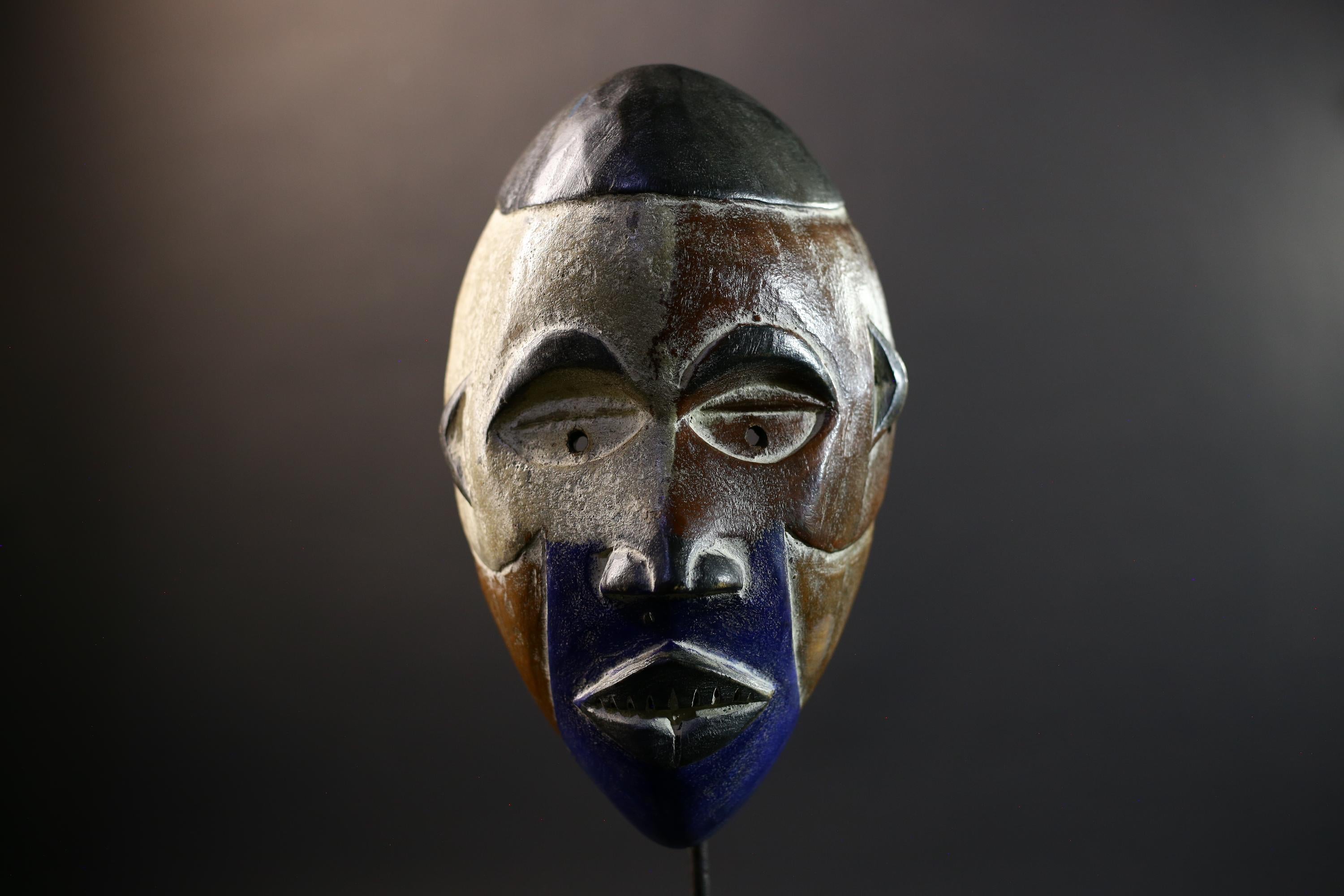 African Pende Mask, Split-Color Blue Chin Wood Wall Decor, DR Congo Tribal Art, Vintage Kaolin Patina Sculpture-G5310