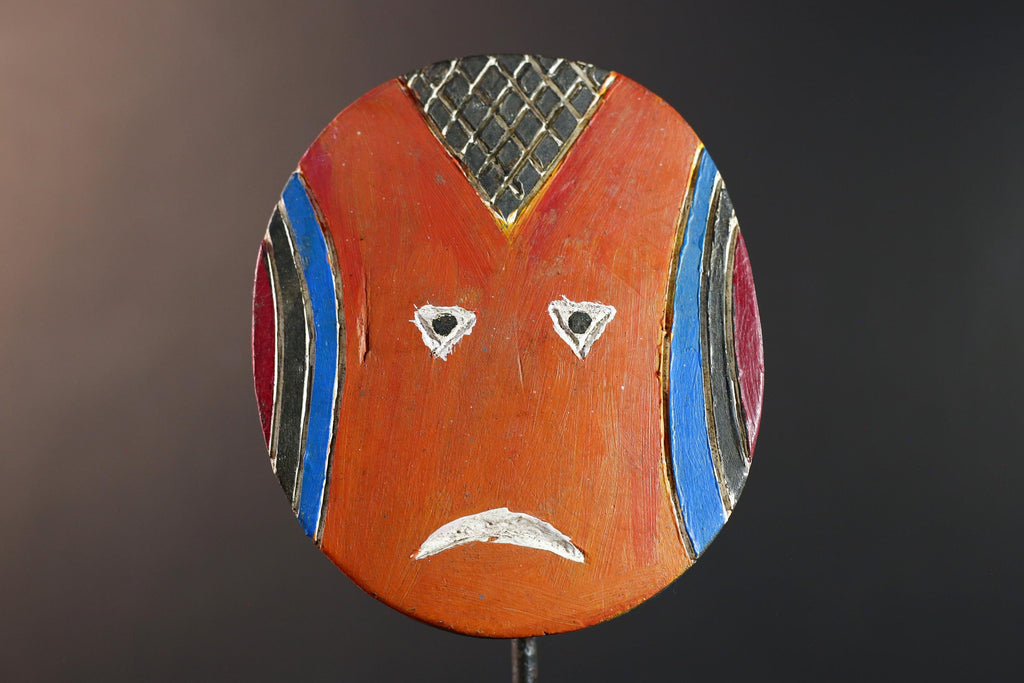 African Bwa mask, tribal sun face mask decor, Burkina Faso wood art, hand carved African wall mask, colorful geometric face art-G5400