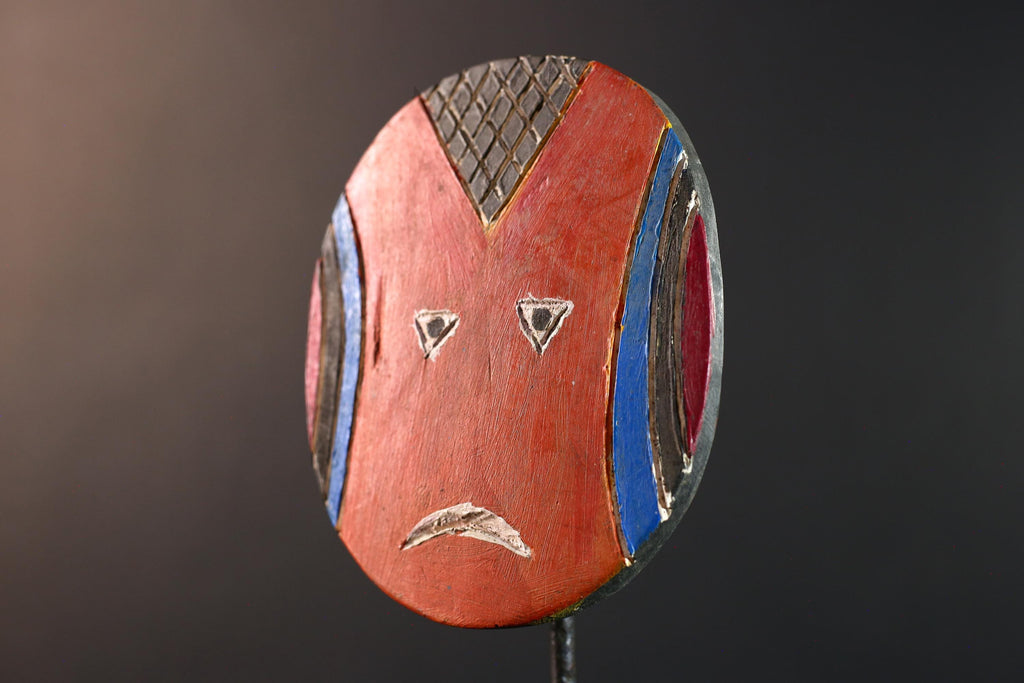 African Bwa mask, tribal sun face mask decor, Burkina Faso wood art, hand carved African wall mask, colorful geometric face art-G5400