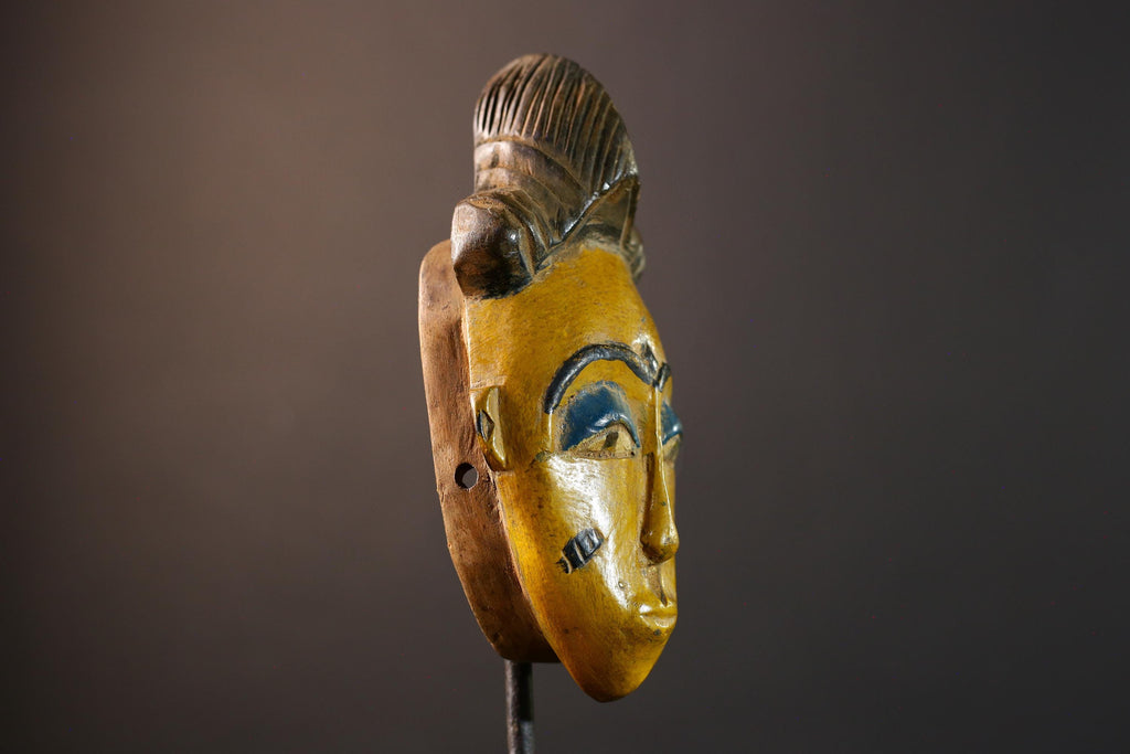 African Baule mask, tribal Mblo face mask wall art, ivory coast hand carved sculpture, yellow African mask decor, wood wall piece-G5403