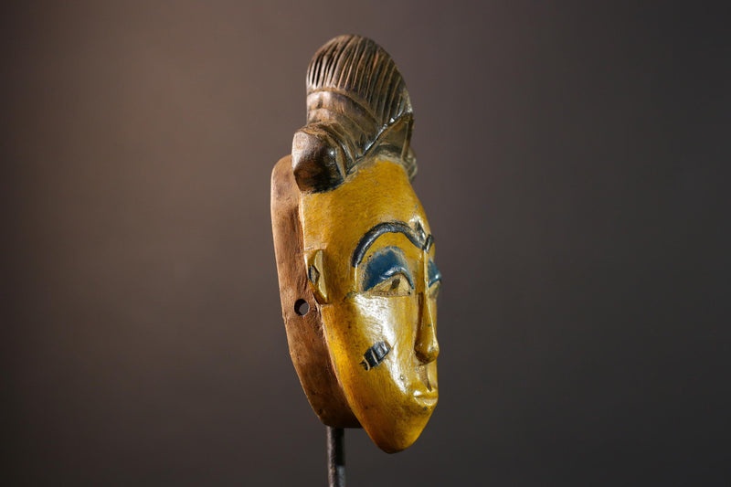 African Baule mask, tribal Mblo face mask wall art, ivory coast hand carved sculpture, yellow African mask decor, wood wall piece-G5403