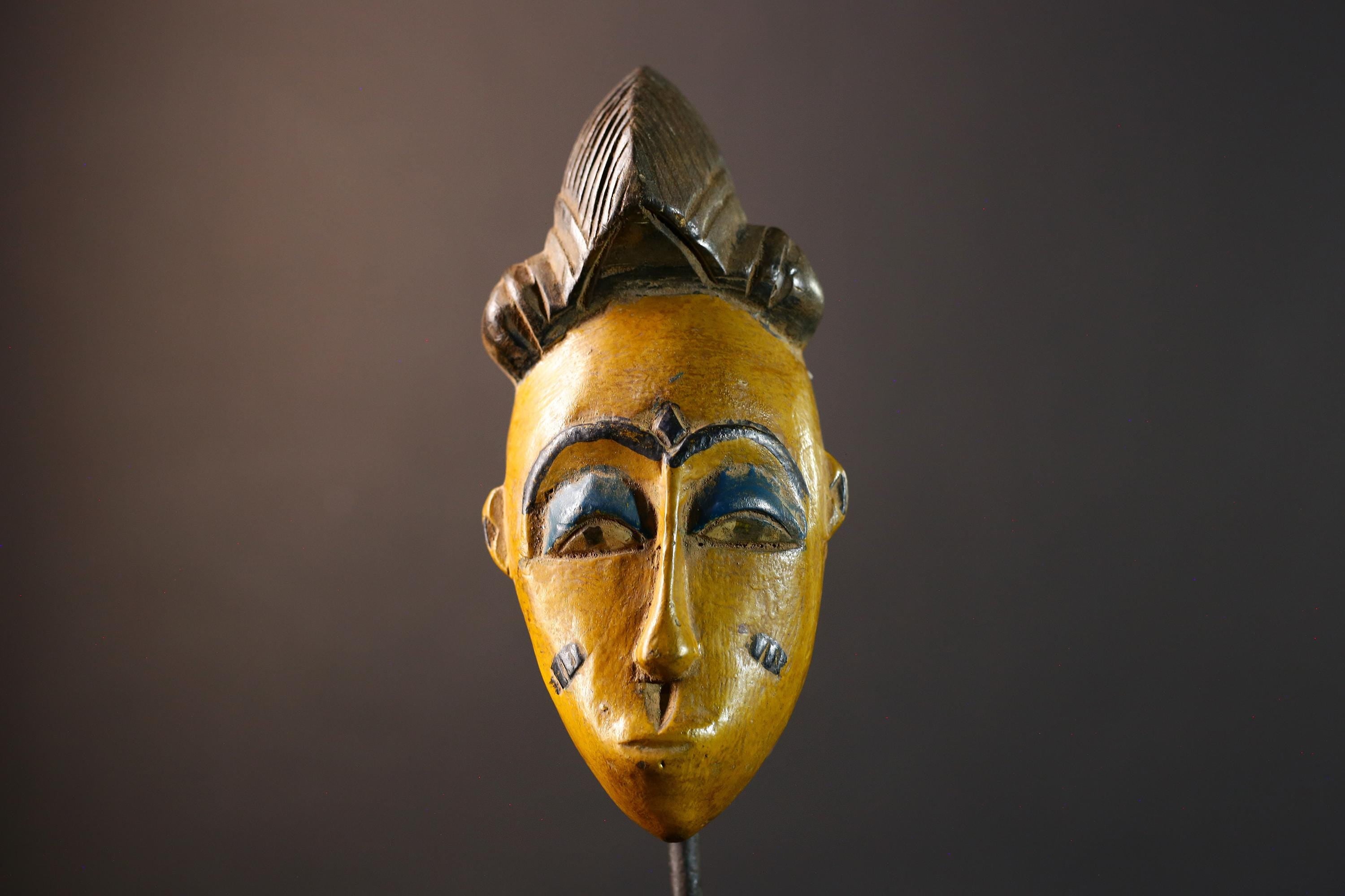 African Baule mask, tribal Mblo face mask wall art, ivory coast hand carved sculpture, yellow African mask decor, wood wall piece-G5403