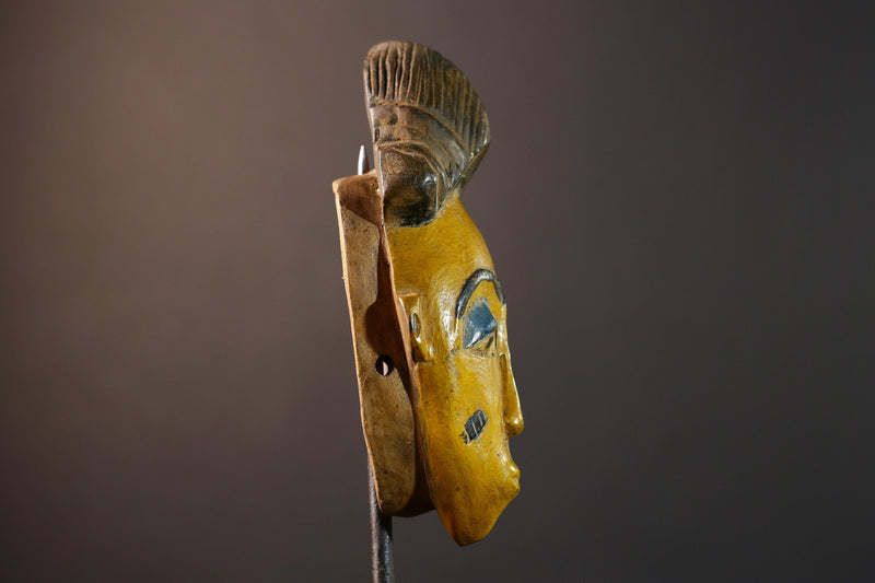 African Baule mask, tribal Mblo face mask wall art, ivory coast hand carved sculpture, yellow African mask decor, wood wall piece-G5403