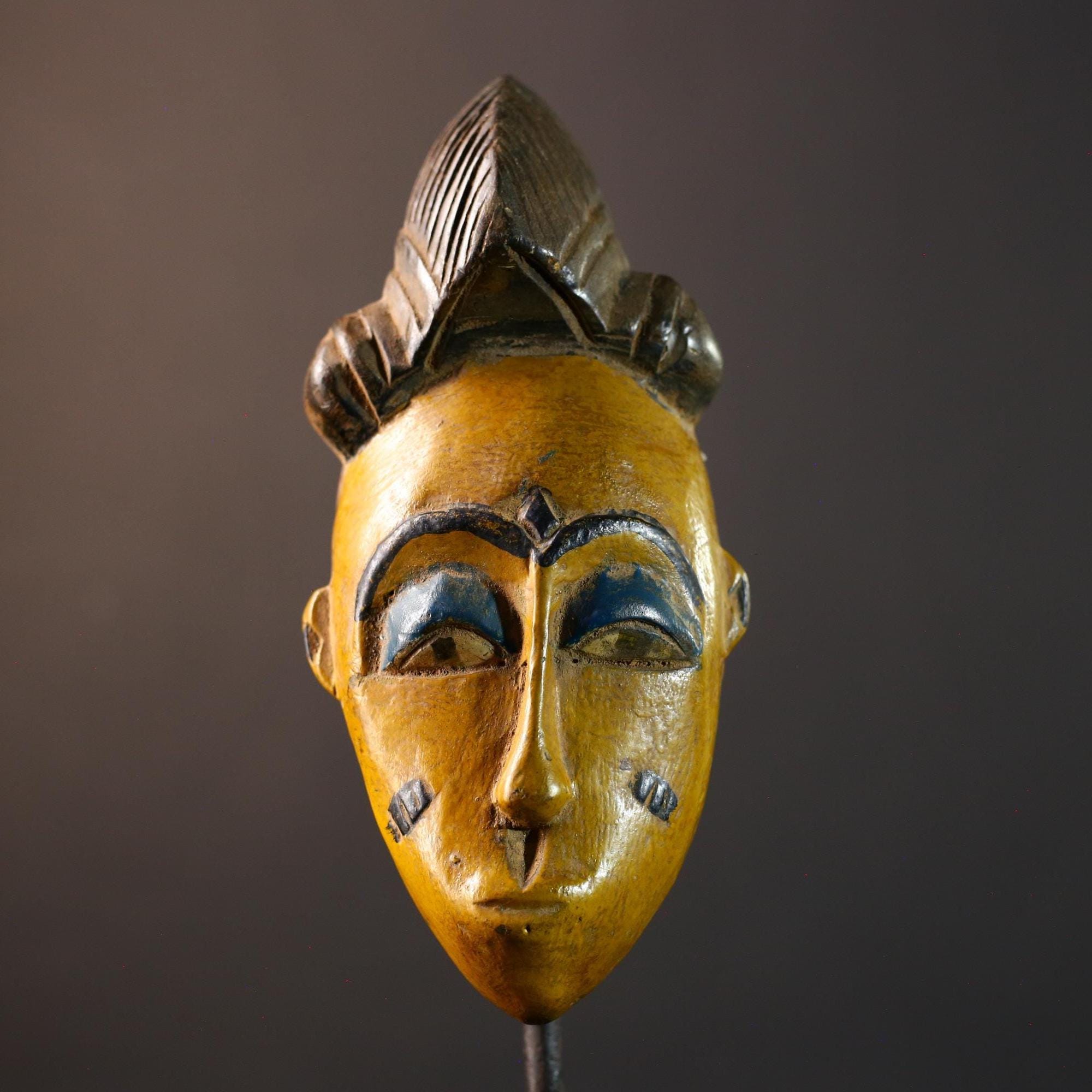 African Baule mask, tribal Mblo face mask wall art, ivory coast hand carved sculpture, yellow African mask decor, wood wall piece-G5403