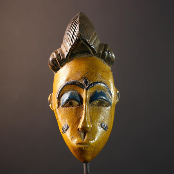 African Baule mask, tribal Mblo face mask wall art, ivory coast hand carved sculpture, yellow African mask decor, wood wall piece-G5403