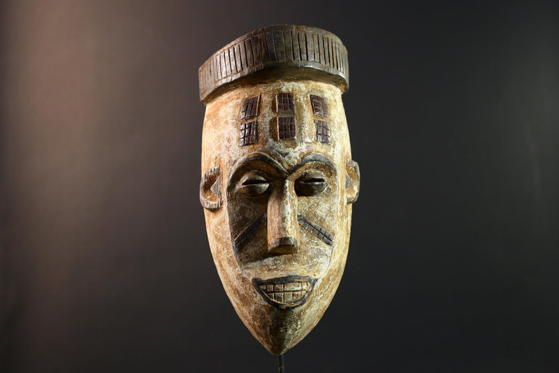African Songye mask, tribal kifwebe male mask art, DR Congo carved wall mask, geometric African face, spiritual ritual decor-G5404