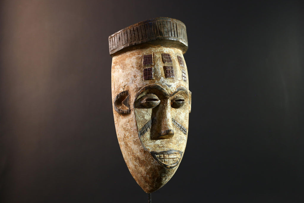 African Songye mask, tribal kifwebe male mask art, DR Congo carved wall mask, geometric African face, spiritual ritual decor-G5404