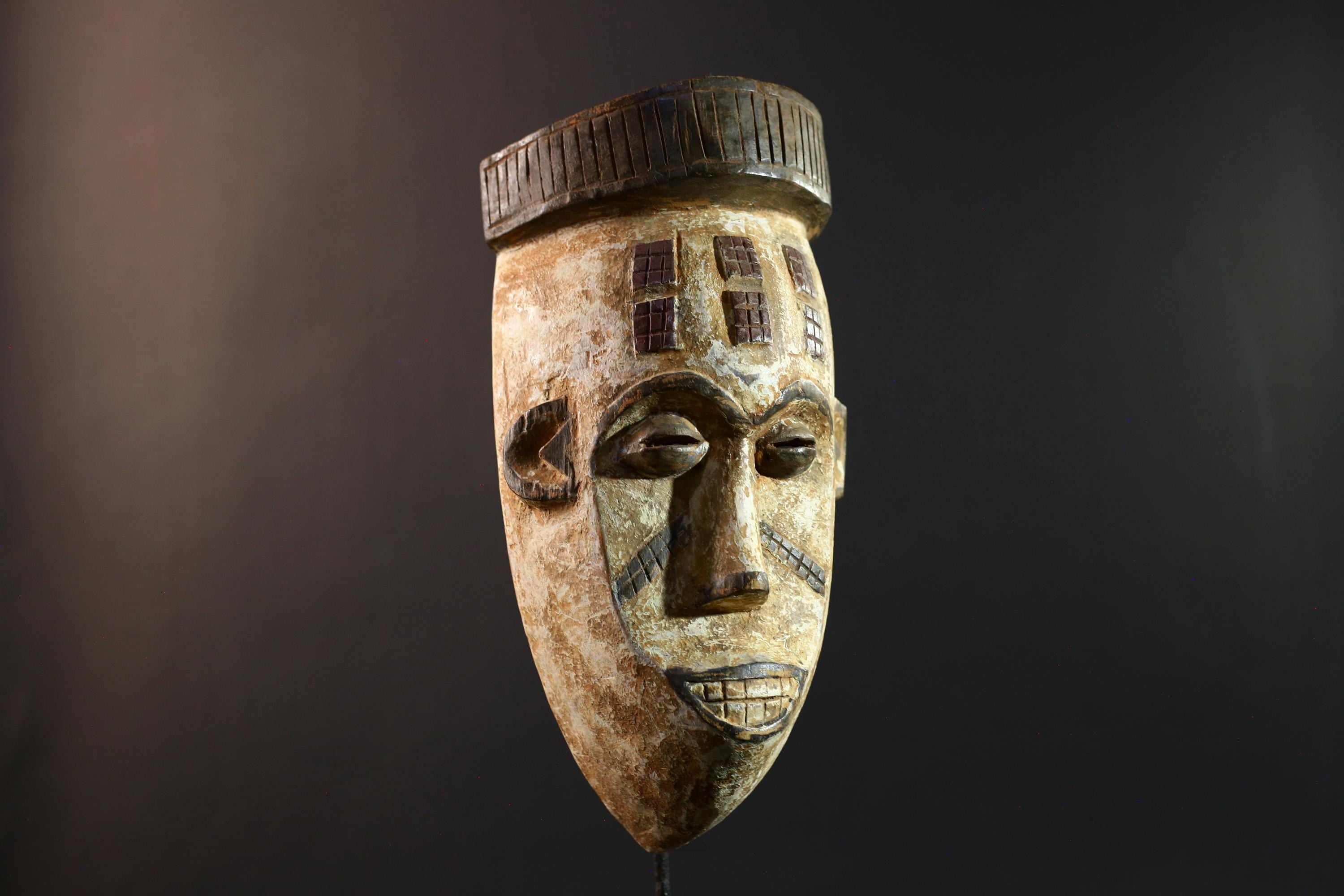 African Songye mask, tribal kifwebe male mask art, DR Congo carved wall mask, geometric African face, spiritual ritual decor-G5404