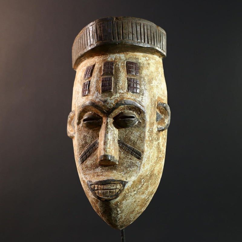 African Songye mask, tribal kifwebe male mask art, DR Congo carved wall mask, geometric African face, spiritual ritual decor-G5404