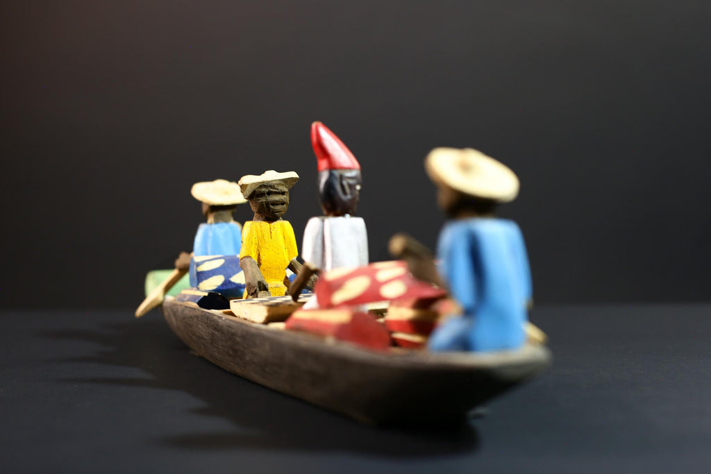 African canoe sculpture, river trade folk art decor, hand carved wooden boat, Congolese village scene, colorful African figures-G5405