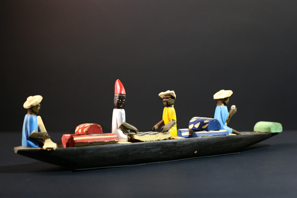 African canoe sculpture, river trade folk art decor, hand carved wooden boat, Congolese village scene, colorful African figures-G5405