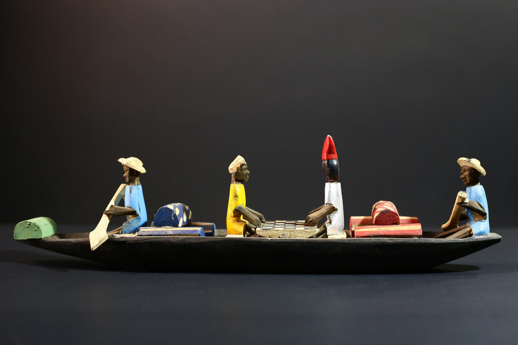 African canoe sculpture, river trade folk art decor, hand carved wooden boat, Congolese village scene, colorful African figures-G5405