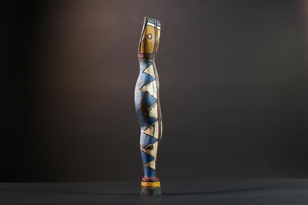 African Gurunsi sculpture, tribal fertility statue art, painted wood female figure, carved wall decor from Burkina Faso-G5406