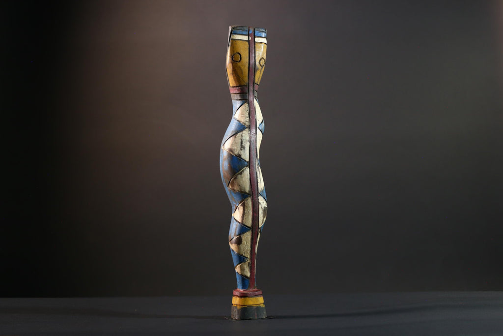 African Gurunsi sculpture, tribal fertility statue art, painted wood female figure, carved wall decor from Burkina Faso-G5406