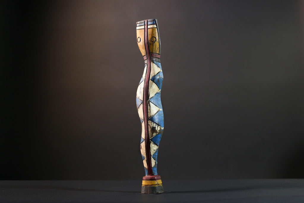 African Gurunsi sculpture, tribal fertility statue art, painted wood female figure, carved wall decor from Burkina Faso-G5406
