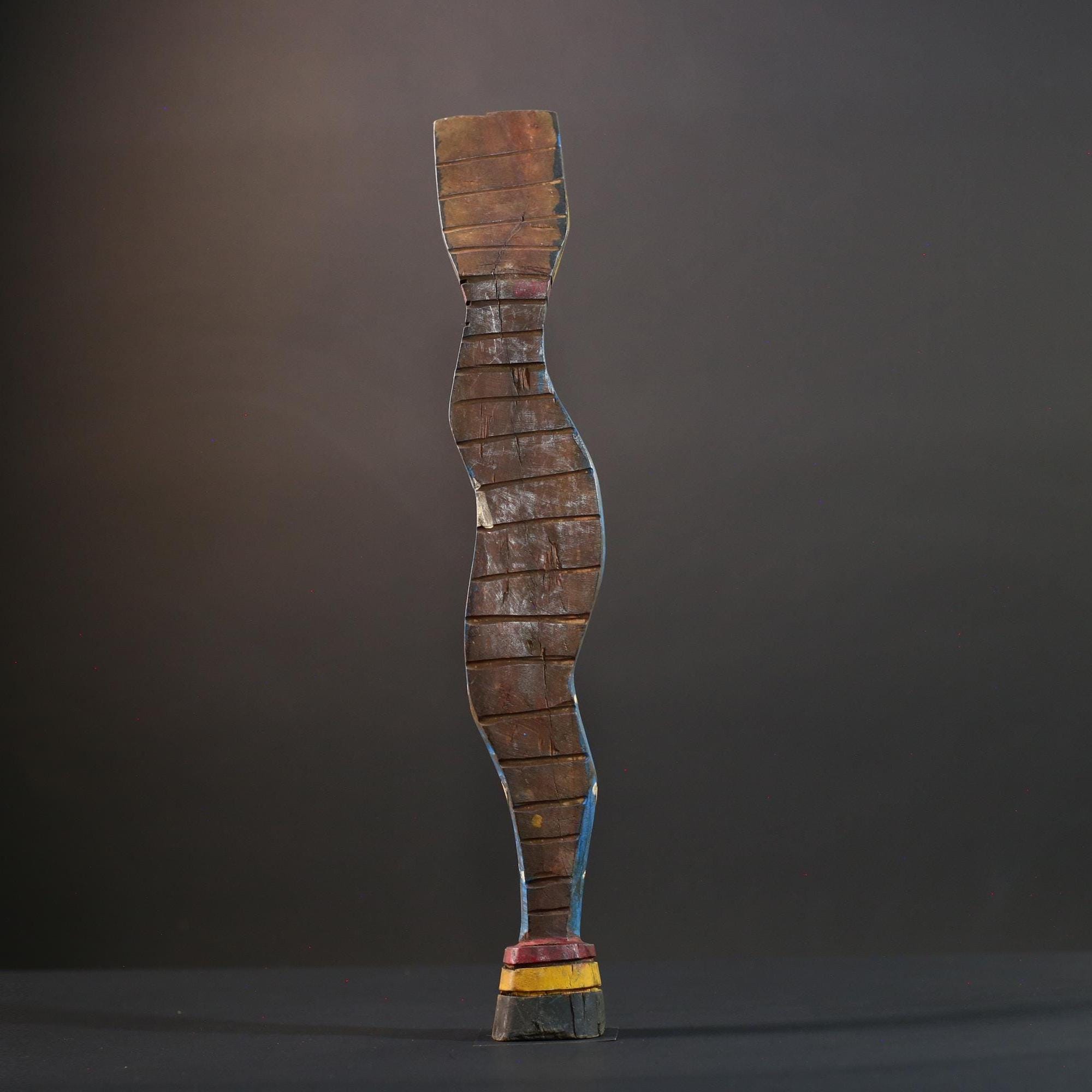 African Gurunsi sculpture, tribal fertility statue art, painted wood female figure, carved wall decor from Burkina Faso-G5406