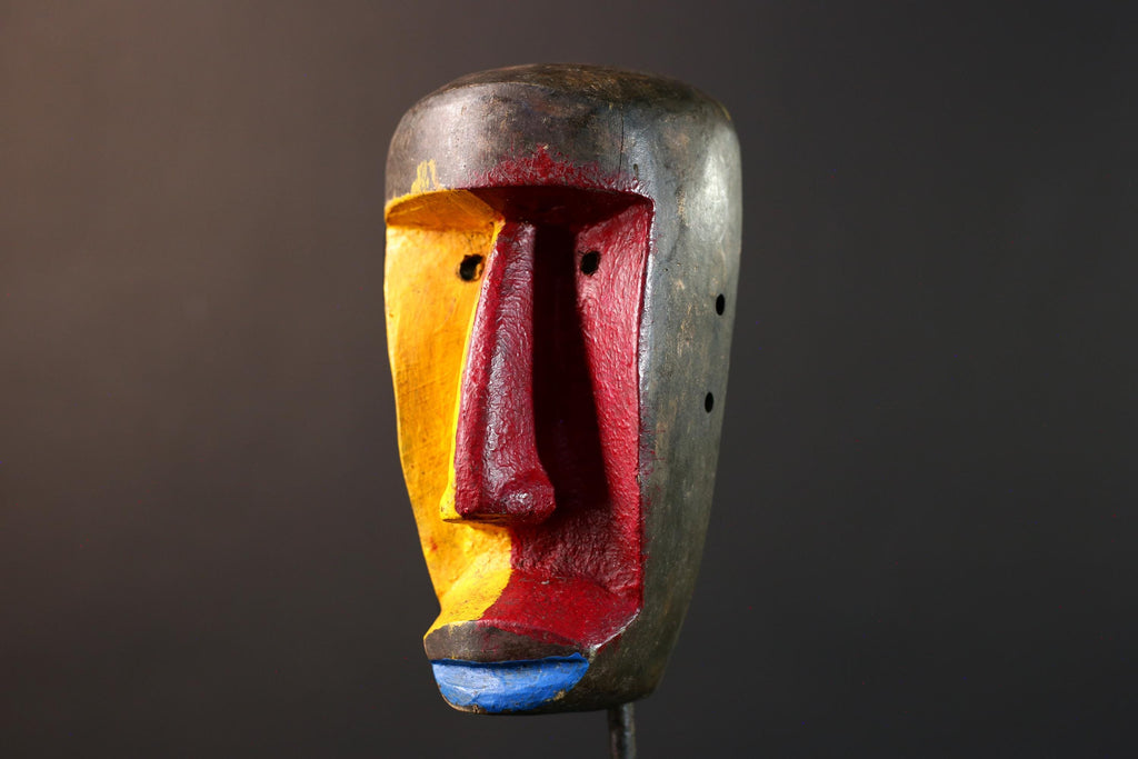 African abstract mask, modern tribal wood wall art, Dan style painted face decor, colorful hand carved African sculpture-G5407