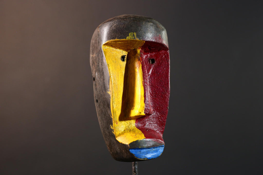 African abstract mask, modern tribal wood wall art, Dan style painted face decor, colorful hand carved African sculpture-G5407