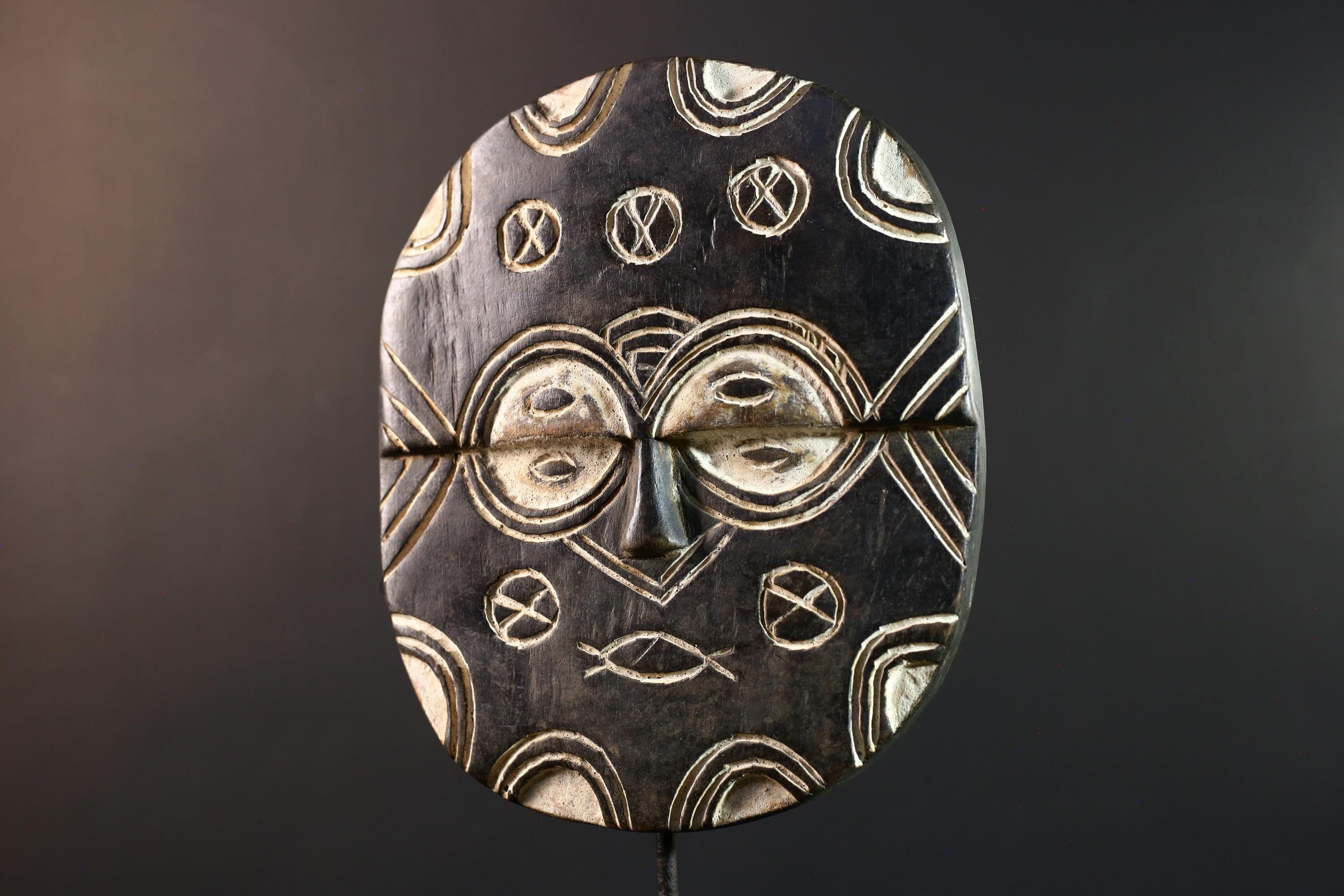 African Bwa sun mask, tribal wall art from Burkina Faso, black and white wood mask, hand carved spiritual decor, African wall mask-G5410
