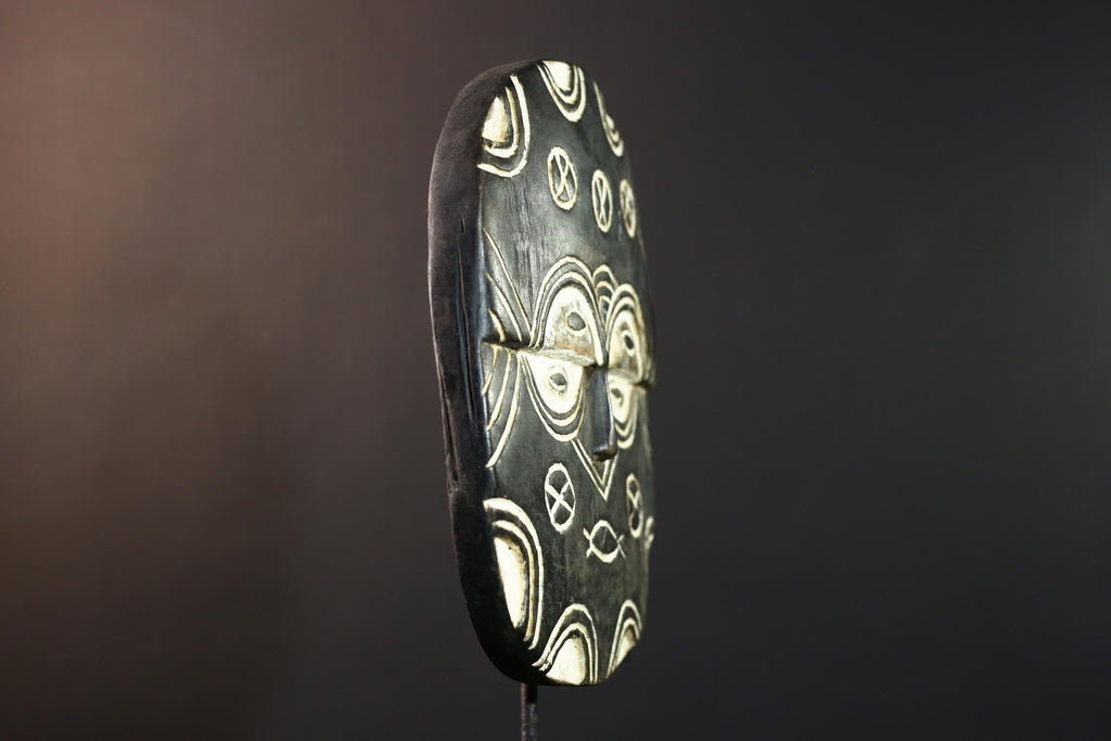 African Bwa sun mask, tribal wall art from Burkina Faso, black and white wood mask, hand carved spiritual decor, African wall mask-G5410