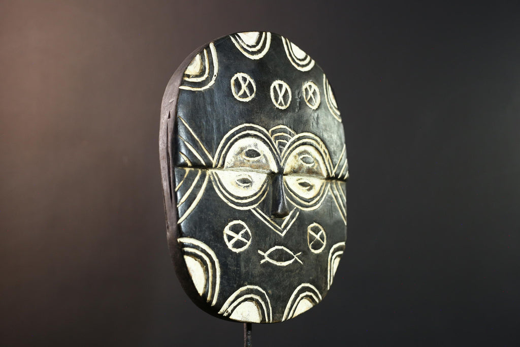 African Bwa sun mask, tribal wall art from Burkina Faso, black and white wood mask, hand carved spiritual decor, African wall mask-G5410