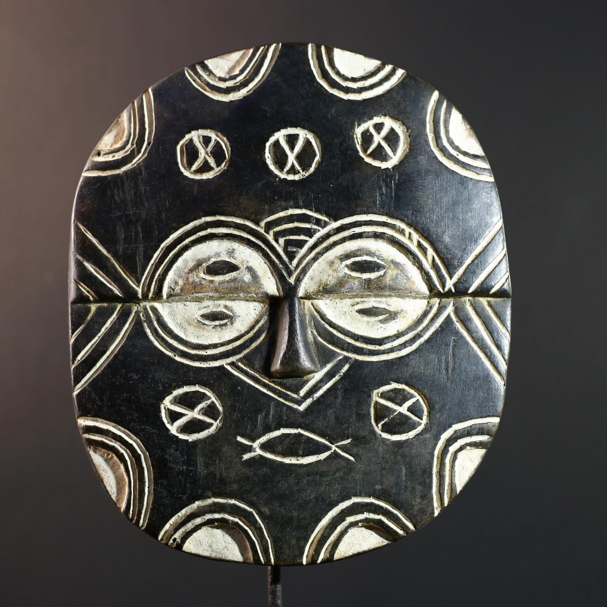 African Bwa sun mask, tribal wall art from Burkina Faso, black and white wood mask, hand carved spiritual decor, African wall mask-G5410