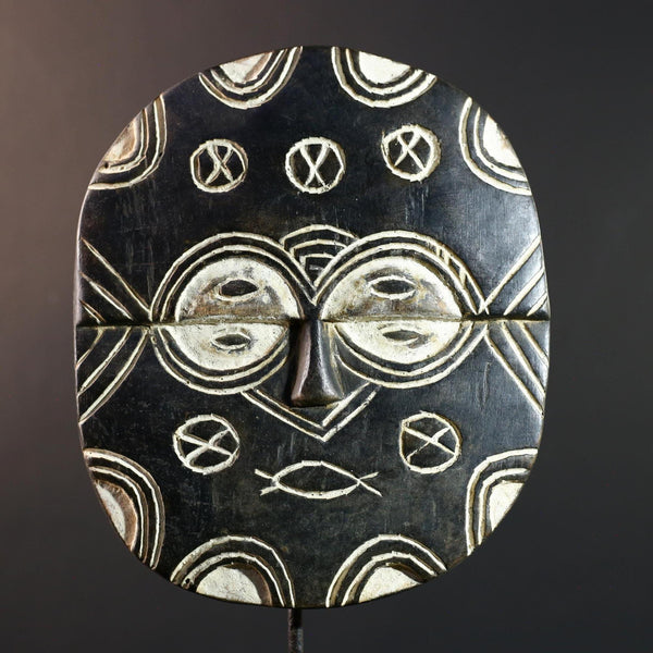 African Bwa sun mask, tribal wall art from Burkina Faso, black and white wood mask, hand carved spiritual decor, African wall mask-G5410